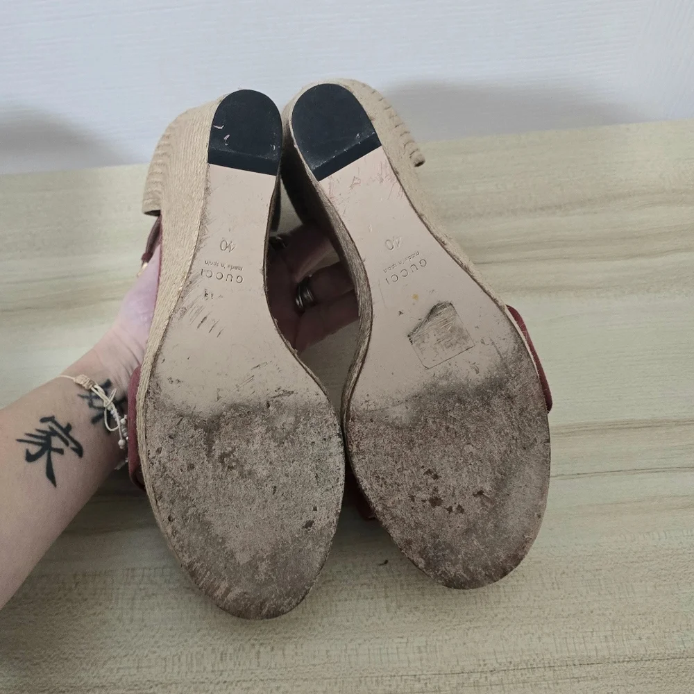 Gucci Horsebit Suede Wedge Espadrille Sandals In Dry Rose Size EU40/US9.5 - Picture 11 of 15